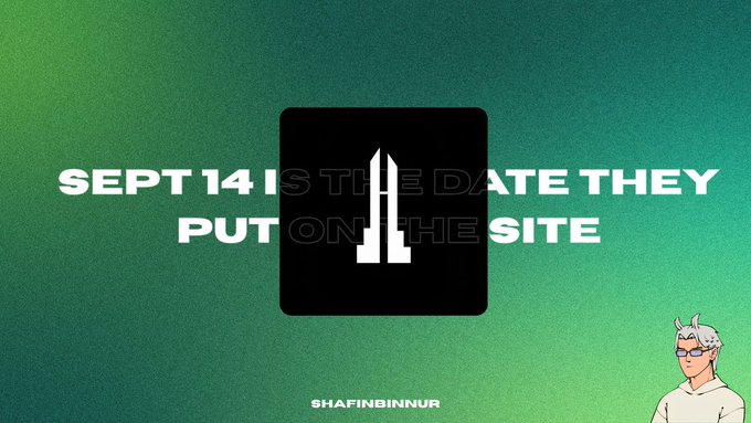 A green gradient graphic features a black square with a white logo, text stating 'SEPT 14 IS THE DATE THEY PUT ON THE SITE', the handle 'SHAFINBINNUR', and an illustration of a character with glasses in the bottom right corner.