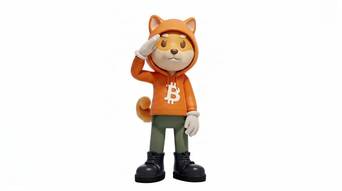 A 3D rendering of a cartoon fox character wearing an orange Bitcoin-themed hoodie, saluting with its hand.
