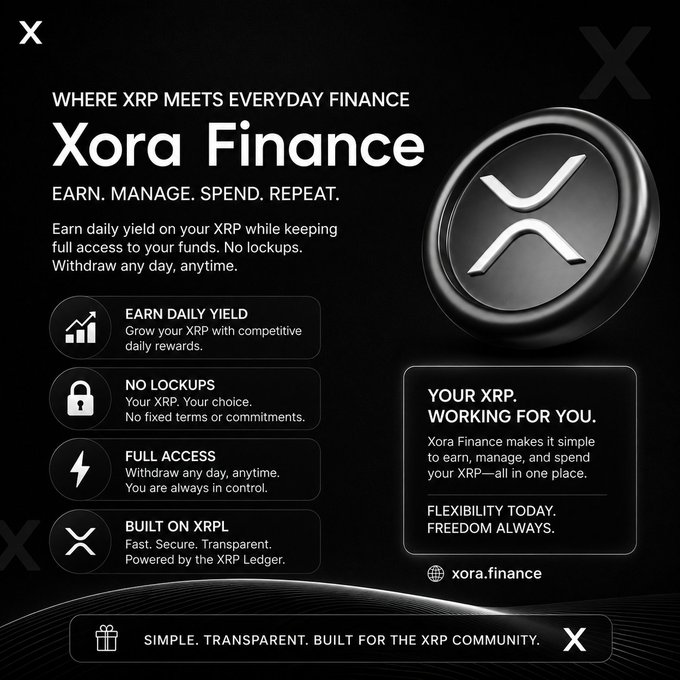 An advertisement for 'Xora Finance' promotes earning daily yield on XRP with no lockups, featuring a large black XRP coin and text including 'Earn. Manage. Spend. Repeat.'