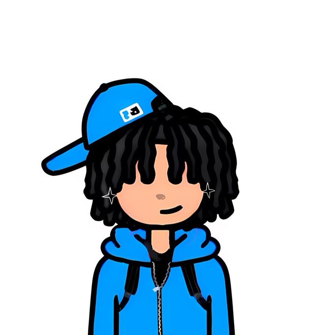 A cartoon-style illustration of a character with dreadlocks wearing a blue cap and blue hoodie against a white background.