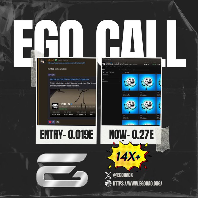 The text in the image is promoting an event named "Ego Call" where a person can get 14x+ worth of a new NFT for their gaming account. The poster displays two different images, each showcasing a different scenario related to the promotion. The left image shows a screenshot of a game with multiple levels and characters on display. The right image features an image from a mobile app that has been converted into a screenshot. Both images help emphasize the concept of acquiring NFTs for gaming or leisure activities through the "Ego Call" event.
