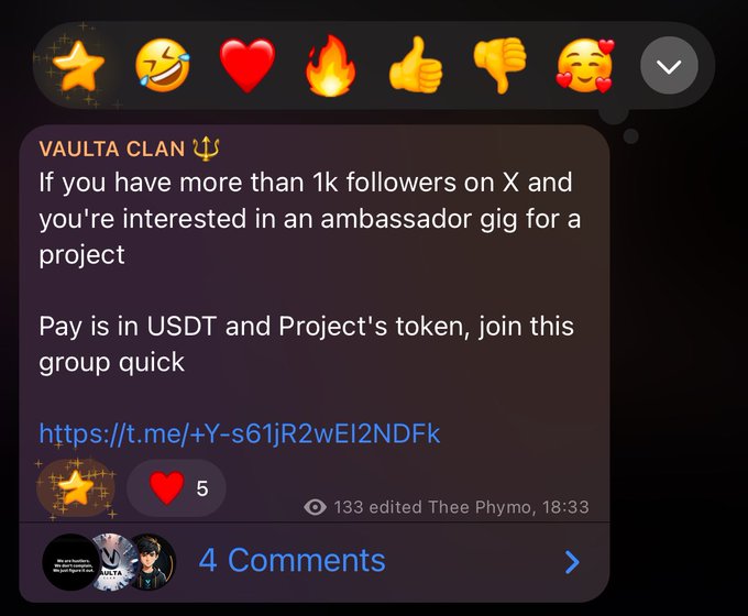 A Telegram message from 'VAULTA CLAN' recruiting ambassadors with 1k+ followers on X, offering payment in USDT and project tokens, with a t.me group link.