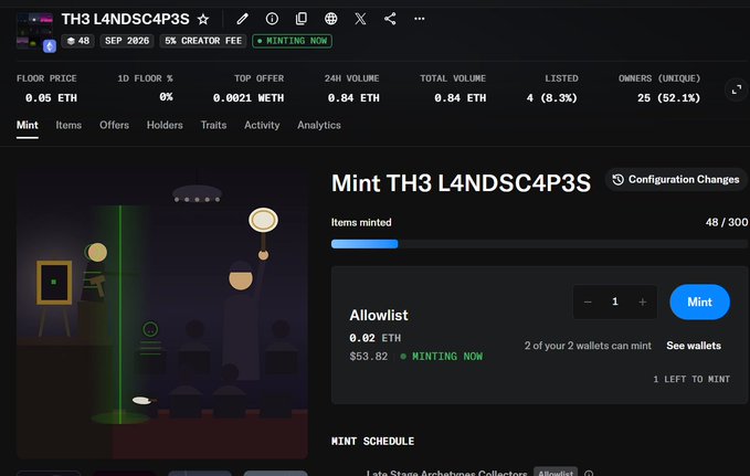 A screenshot of an NFT minting page for a collection titled 'TH3 L4NDSC4P3S', displaying a price of '0.05 ETH', a '5% CREATOR FEE', and 48 out of 300 items minted.