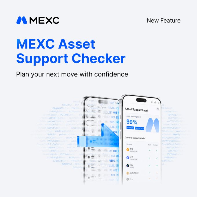 The image is a promotional graphic for MEXC's new "Asset Support Checker" feature, displaying a smartphone mockup showing an "Asset Matching Level" of 99% and a "Currency Support Details" table listing crypto tickers like BTC, ETH, SOL, BABYDOGE, and XLM alongside Spot and Contract support indicators. The design visualizes how users can upload a portfolio screenshot to receive spot and perps futures support reports without needing login credentials or API keys, matching the post's description of the no-login, no-transfer feature at mexc.com/asset-support.
