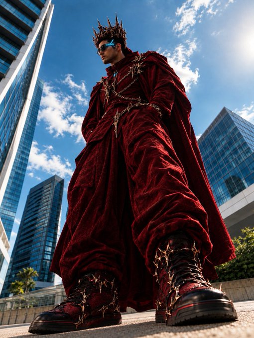 A person stands in an urban setting wearing an elaborate red velvet robe, a spiked crown, sunglasses, and studded boots, photographed from a low angle against modern glass skyscrapers.