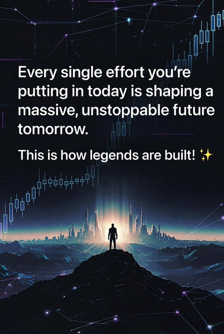 A motivational graphic featuring a silhouetted figure overlooking a futuristic city with text: 'Every single effort you're putting in today is shaping a massive, unstoppable future tomorrow. This is how legends are built! ✨'