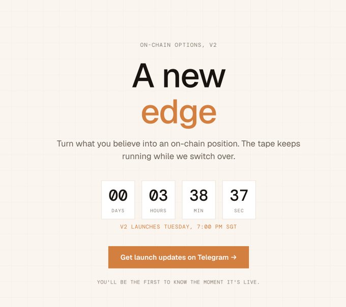 A promotional countdown page for 'ON-CHAIN OPTIONS, V2' with the headline 'A new edge,' displaying a timer of 00 days, 03 hours, 38 minutes, 37 seconds until V2 launches Tuesday, 7:00 PM SGT, with a button to 'Get launch updates on Telegram.'