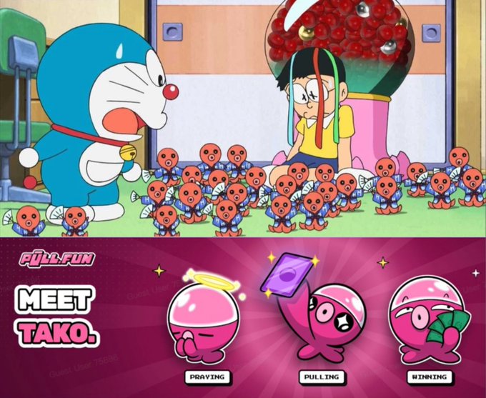 A two-part image showing the Doraemon anime character with a scene full of small warrior figures, and below it a 'FULL:FUN Meet TAKO' graphic featuring pink octopus-like characters in Praying, Pulling, and Winning poses.