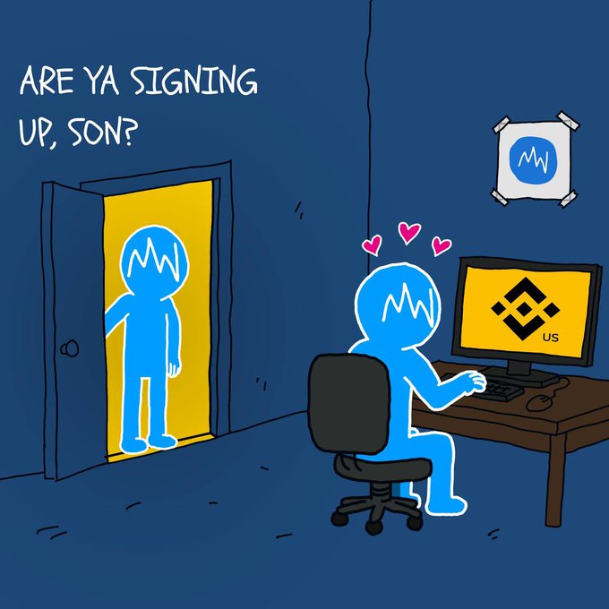 A father figure labeled "MakerDAO" (MW) enters a door asking "Are ya signing up, son?" to a character excitedly using a computer displaying the Binance logo with "US" beside it, hearts floating above their head, representing the user's enthusiasm for joining Binance US and trading $USDUC as referenced in the post.