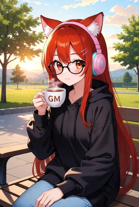 The image features an anime character with long red hair wearing glasses and holding a cup of coffee while sitting on a bench outdoors. The character appears to be enjoying her coffee as she looks out at the beautiful day, which includes trees and mountains in the background.