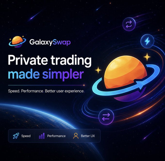 An advertisement for 'GalaxySwap' promoting private trading with the tagline 'Private trading made simpler,' featuring icons for Speed, Performance, and Better UX.