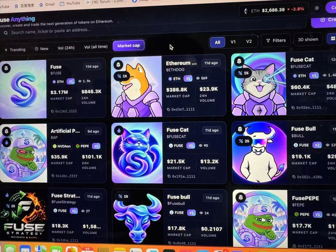 Screenshot of the FUSE Anything platform showing various trending cryptocurrency tokens including $FUSE, $ETH, $FUSECAT, and $BULL with their market caps.