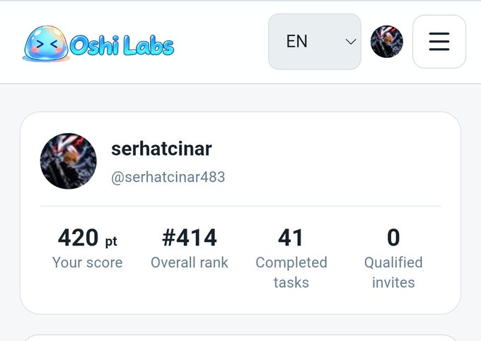 An Oshi Labs dashboard screenshot for user 'serhatcinar' showing 420 points, an overall rank of #414, and 41 completed tasks.