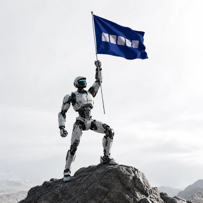 A humanoid robot triumphantly plants a blue flag with white squares atop a rocky peak, symbolizing AI agents "claiming the summit" of the Base ecosystem in the next technological wave.