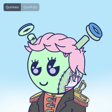 A cute cartoon character from the 'Quirkies' / 'QuirKids' NFT collection, featuring a stitched green-skinned doll with pink hair and halo-like ring accessories in a military-style outfit.