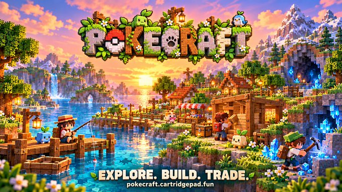 A promotional banner for "Pokecraft" - a Minecraft-style game with blocky pixelated graphics showing a village scene with characters fishing, building, and exploring, with text reading "EXPLORE. BUILD. TRADE." and the website "pokecraft.cartridgepad.fun".