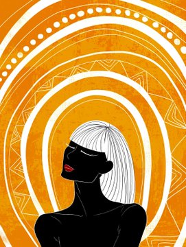 A stylized, minimalist illustration featuring the silhouette of a woman with white hair and red lips, surrounded by concentric geometric patterns in vibrant orange.