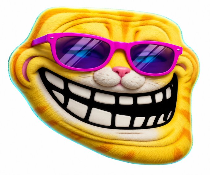 iced cat mask with yellow fur, pink nose and mouth, and blue eyes, wearing sunglasses and a gray shirt against white background.