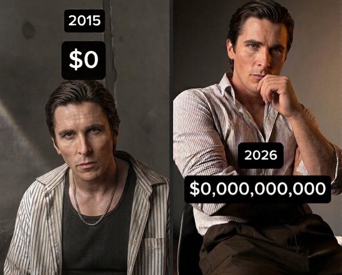 A collage of two photographs, a man's face and body, is juxtaposed with the text "2015" and "$0.00", "2026" and "$0.000,000".