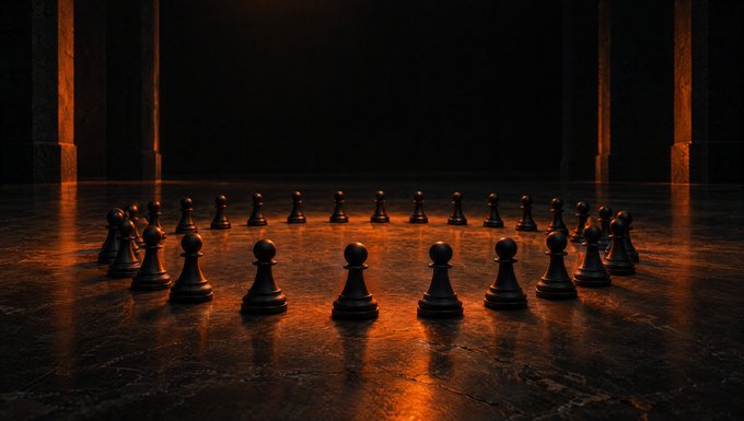 A cinematic 3D render shows black chess pawns arranged in a defensive circle on a reflective dark floor, illuminated by warm orange light in an empty hall.
