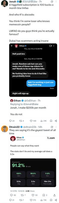 A Twitter/X thread discussing the 'Higgsfield' subscription cost of $100/month, featuring exchanges between users Jonah (@JonahBlake) and Ethan (@0xEthan), with screenshots of text messages and analytics showing '91.2% 30 calls'.