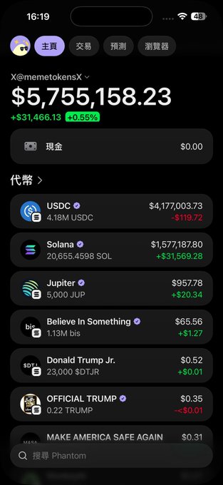 A mobile screenshot of a cryptocurrency wallet showing portfolio value of $5,755,158.23 with +$31,466.13 (+0.55%) gain, featuring holdings in USDC ($4.18M), Solana ($1.58M), Jupiter ($957.78), Believe In Something ($65.56), Donald Trump Jr. ($0.52), OFFICIAL TRUMP ($0.35), and MAKE AMERICA SAFE AGAIN ($0.31).