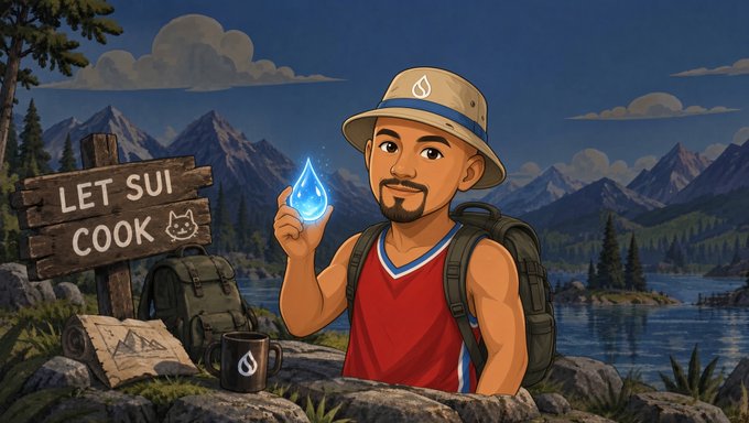 A cartoon illustration of a bearded man in a bucket hat holding a glowing blue water droplet, with a sign reading 'LET SUI COOK' beside him in a mountainous lakeside setting.