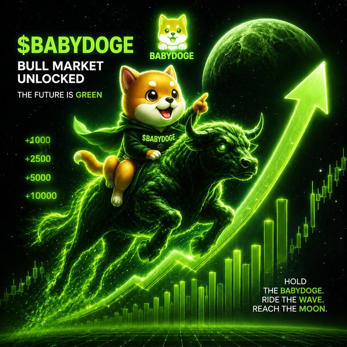 The image features a cute Shiba Inu dog wearing a "$BABYDOGE" hoodie riding a glowing green bull alongside a rising chart arrow, with text reading "$BABYDOGE BULL MARKET UNLOCKED," "THE FUTURE IS GREEN," and performance figures (+1000, +2500, +5000, +10000), plus the tagline "HOLD THE BABYDOGE. RIDE THE WAVE. REACH THE MOON." It visually reinforces the post's message by symbolizing the bull market momentum the user is manifesting for $BABYDOGE.