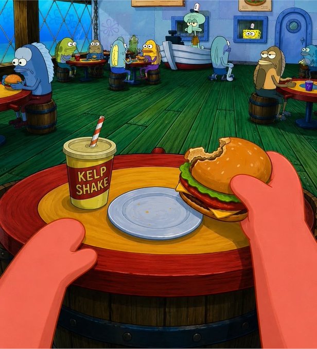 A first-person view from a SpongeBob SquarePants scene showing hands holding a Krabby Patty over a barrel table with a 'KELP SHAKE' cup and an empty plate, set in the Krusty Krab restaurant.