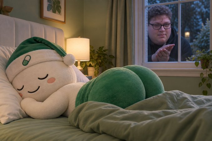 A cute round sleeping mask is sleeping peacefully in a cozy bedroom. The mask's caption reads "if anything happens to me…" which contrasts humorously with the obvious vitality and personality of the plush character, as if it's leaving a dramatic farewell while peacefully dozing.

Wait, let me reconsider - the image shows a plush sleeping mask character, but the "if anything happens to me…" caption seems unrelated to the sleepy scene itself. There's also a person visible through the window in the background, which might be the unexpected element the caption hints at - perhaps suggesting someone is watching over them.

A cute sleeping mask plush is peacefully resting in a cozy bedroom while a person peers in through the window, with the caption "if anything happens to me…" adding a humorous, dramatic tone to the cozy image.
