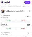 A mobile screenshot from Probly shows an active Bitcoin (BTC) prediction market with 80% of users betting "Yes" on a 5-minute decision window, while "No" sits at 26% and a 25-bin histogram indicates 2% near-zero variance—aligning with ProblyHQ's rapid-fire, rolling prediction model on TxFlow's TIP3 protocol.