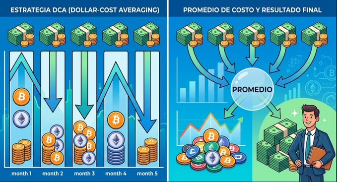 The image illustrates the Dollar-Cost Averaging (DCA) strategy, showing consistent monthly investments in cryptocurrencies like Bitcoin (B) and Ethereum over five months, regardless of price fluctuations. The right side highlights the average cost and final outcome, featuring a confident investor alongside stacks of money, reinforcing the post's message that consistent DCA investing is the "secret to success."
