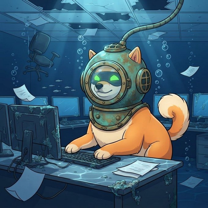 An illustration of an orange Shiba Inu dog wearing a rusty vintage diving helmet, working at a keyboard at a computer in an underwater office environment with fish and floating papers.