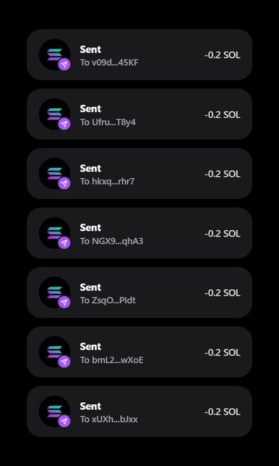 A list of seven cryptocurrency transactions, each showing "-0.2 SOL" sent to different Solana wallet addresses. This appears to document the airdrop claim process, where users receive 0.2 SOL for being among the first 2300 wallets to follow and retweet the pinned post.