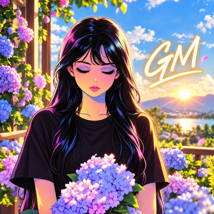 An anime-style illustration shows a dark-haired woman with closed eyes holding purple and pink hydrangeas, with 'GM' written in stylized text against a sunset background.