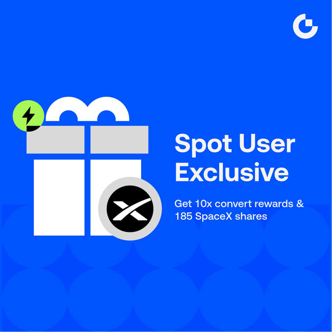 The image features a blue background with white text that reads "Spot User Exclusive" followed by an advertisement for a cryptocurrency exchange called "SPCX". The advertisement offers users the opportunity to receive 10x convertible rewards or 175 SpaceX shares, depending on their investment amount and duration of time.