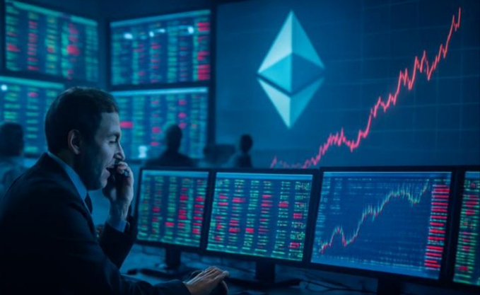 A man in a suit sits in a dimly lit trading room surrounded by multiple monitors displaying market data and charts, with a large Ethereum (ETH) logo and an upward-trending red price line prominently featured on the central screen. The image visually reinforces the post's narrative of Ethereum regaining institutional momentum, as the rising chart and bustling trading-floor setting symbolize the renewed capital flows and growing investor confidence highlighted in the text.