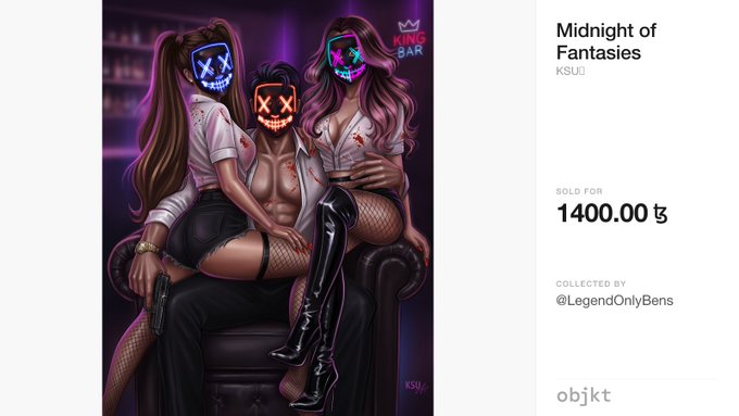A digital artwork titled "Midnight of Fantasies" by KSU, featuring three stylized figures with neon masks in a bar setting branded "King Bar," is displayed alongside its sale details on Objkt, where it sold for 1400.00 ꜩ to collector @LegendOnlyBens.
