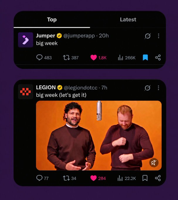 Two social media posts displayed on a purple background: one from "Jumper @jumperapp" saying "big week" with 1.8K likes, and another from "LEGION @legiondotcc" saying "big week (let's get it)" featuring a photo of two men in front of an orange background with 284 likes.