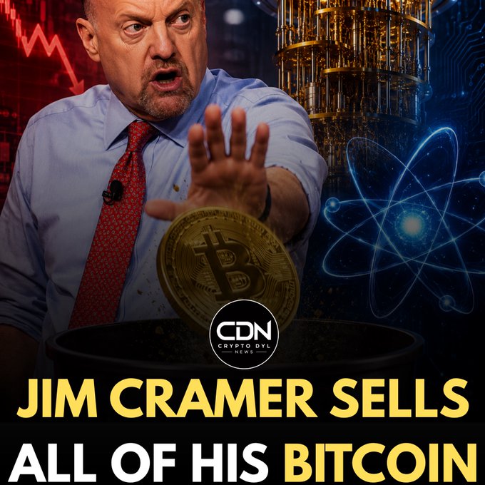 A YouTube thumbnail from CDN Crypto DVL News titled "JIM CRAMER SELLS ALL OF HIS BITCOIN," showing Jim Cramer with a shocked expression alongside a Bitcoin graphic.