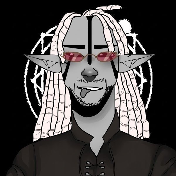 A stylized digital illustration of a gray-skinned elf-like character with long white hair, pointed ears, red tinted sunglasses, and a goatee, set against a black background with a faint pentagram. The image fits the post's "GM" (good morning) crypto greeting as a personalized profile-style avatar, with no visible text or crypto tickers in the artwork itself.