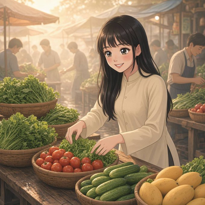 An anime-style illustration of a dark-haired woman in a beige tunic smiling as she arranges tomatoes and leafy greens at a bustling outdoor market.