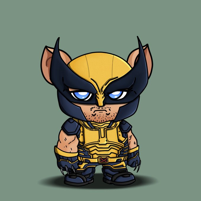 A chibi-style cartoon illustration of Wolverine wearing his classic yellow and blue costume with the signature mask and claws.