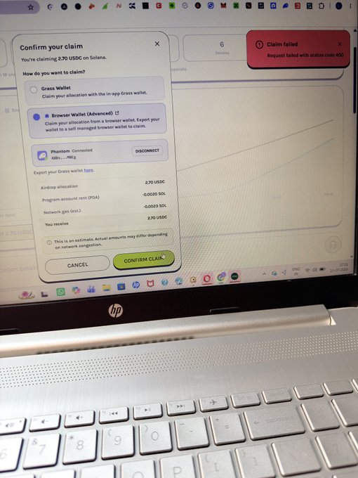A laptop screen displays a failed Grass Season 2 airdrop claim attempt, showing "Claim failed - Request failed with status code 400" and a network gas fee of 0.0028 SOL subtracted from a 2.70 USDC airdrop allocation. The screenshot illustrates the post's complaint about excessive fees and errors preventing users from successfully claiming their earned rewards.