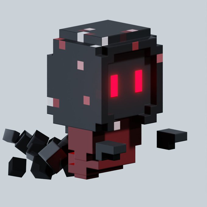 3D voxel-style render of a dark, blocky creature with glowing red eyes and a maroon body, surrounded by small dark cubes.