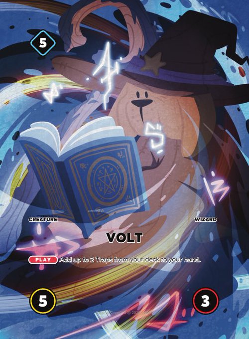 A digital trading card depicting a wizard creature named 'Volt' with stats 5 and 3, including the text 'PLAY: Add up to 2 Tempo from your deck to your hand.'