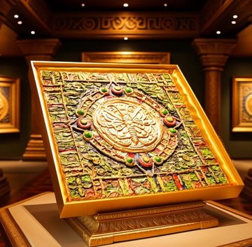 An ornate, gold-framed decorative artwork displayed on a pedestal in an elegant gallery, featuring intricate green and gold geometric patterns surrounding a central medallion with Arabic calligraphy.