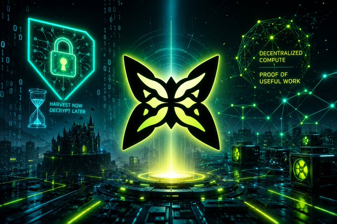 A glowing green butterfly emblem, labeled "Quip Network," centers a futuristic cyberpunk cityscape flanked by a padlock shield with the warning "Harvest Now Decrypt Later" and a networked sphere marked "Decentralized Compute — Proof of Useful Work," visually reinforcing the post's alarm that today's recorded crypto keys could be cracked by tomorrow's quantum AI-driven compute, and that decentralized useful-work networks like Quip are the answer.