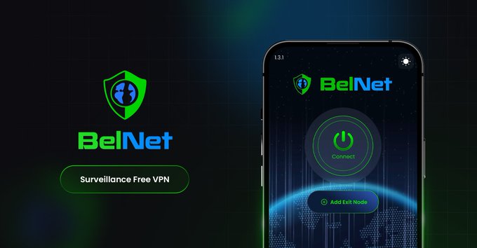 Promotional graphic for 'BelNet', labeled 'Surveillance Free VPN', featuring its logo and a mobile app interface with a connect button.