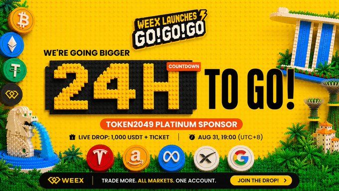 A vibrant yellow WEEX promotional banner announces "24H TO GO!" for a TOKEN2049 Platinum Sponsor countdown, featuring a $1,000 USDT and ticket live drop scheduled for August 31 at 19:00 (UTC+8), with LEGO-style Singapore landmarks like the Merlion and Marina Bay Sands flanking the central countdown message.